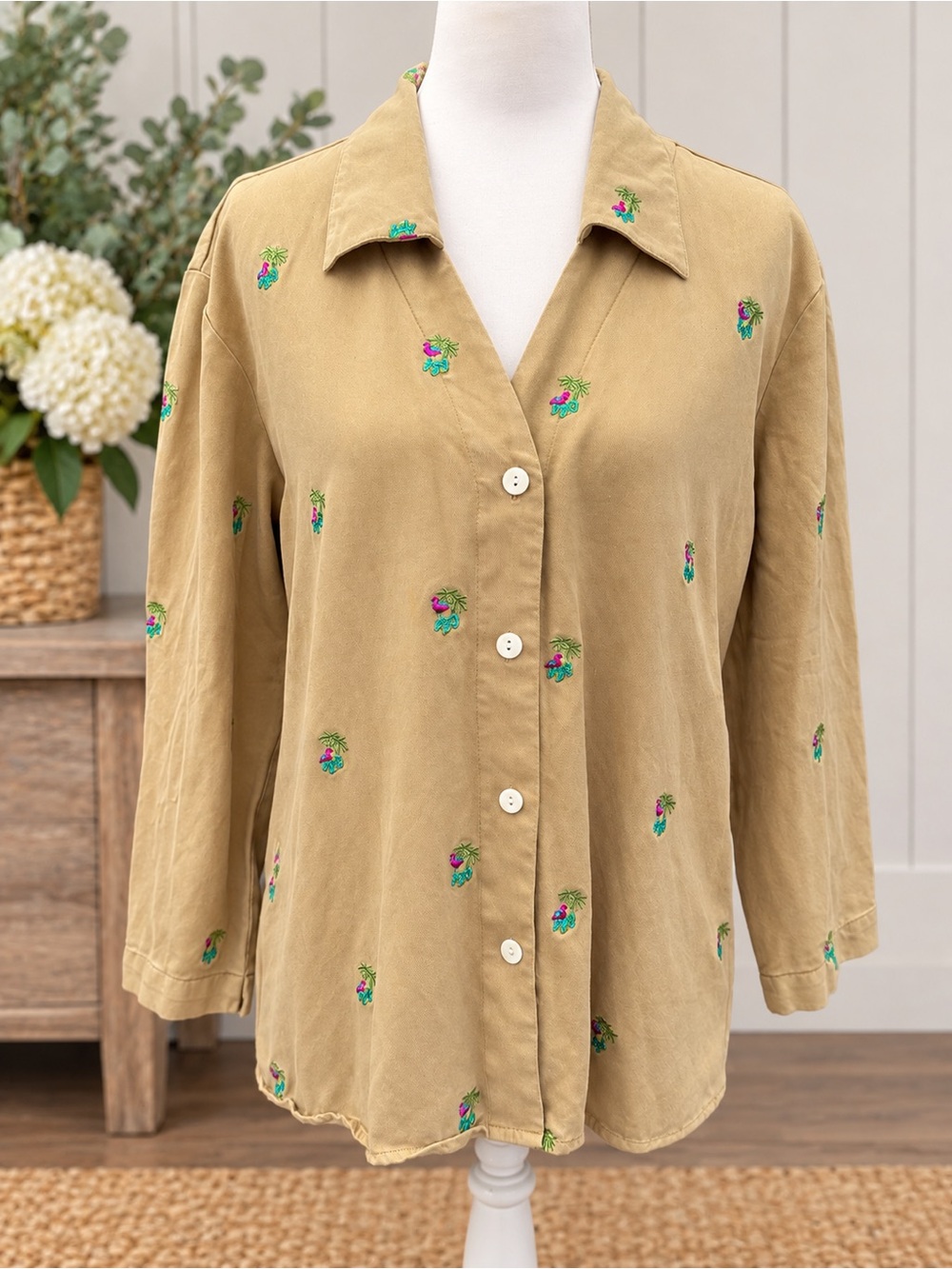 Bobby Chan Women's Part Silk Relaxed Embroidered Button-Front Shirt